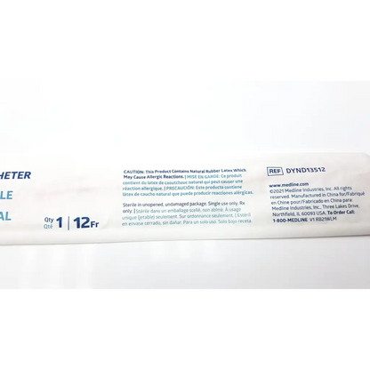 White plastic package of medline urethral catheter dynd13512 sterile gauze pads with multilingual allergy warnings