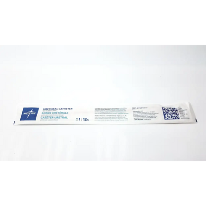 White plastic package containing a medline urethral catheter urethral catheter dynd13512 for medical use