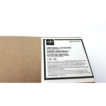 Medline urethral catheter packaging showing red rubber latex material for urethral catheter dynd13512 product use