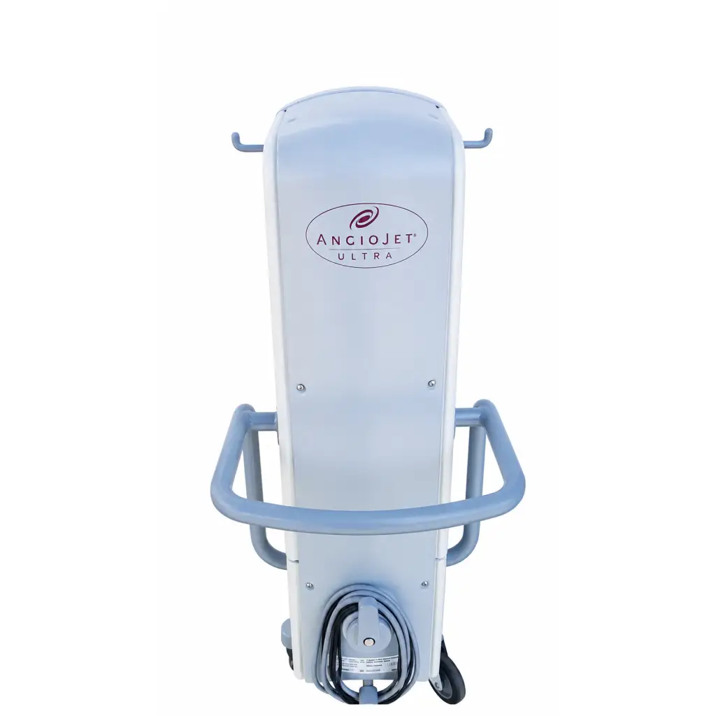 White angiojet ultra medical device with gray metal frame and wheels on mobile stand biomed certified console