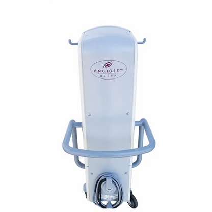 White angiojet ultra medical device with gray metal frame and wheels on mobile stand biomed certified console