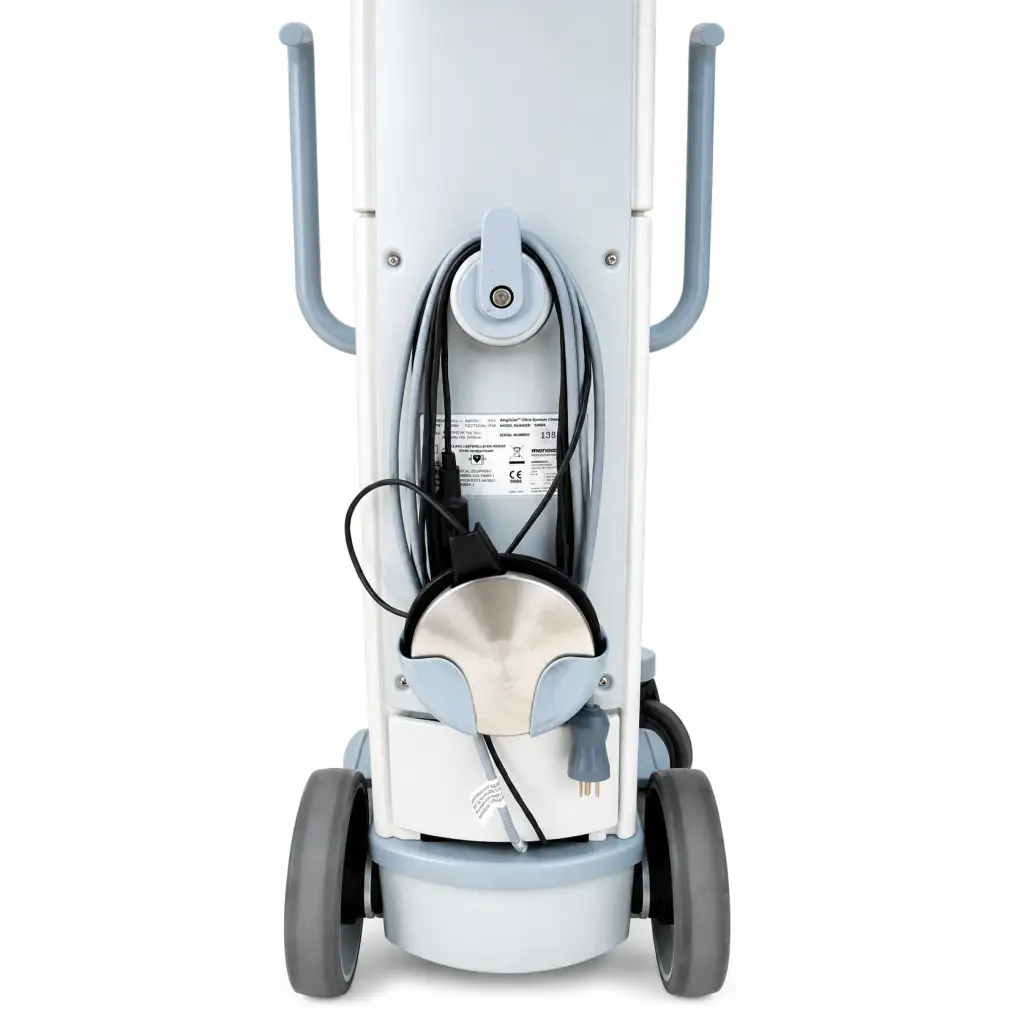Light gray biomed certified angiojet ultra system console 5000a on mobile stand with rounded handles wheels and coiled cable storage