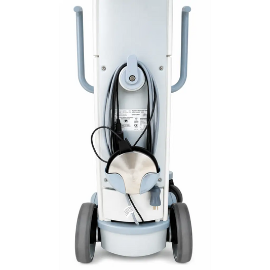 Light gray angiojet ultra system console 5000a on mobile stand with rounded handles wheels and coiled cable storage