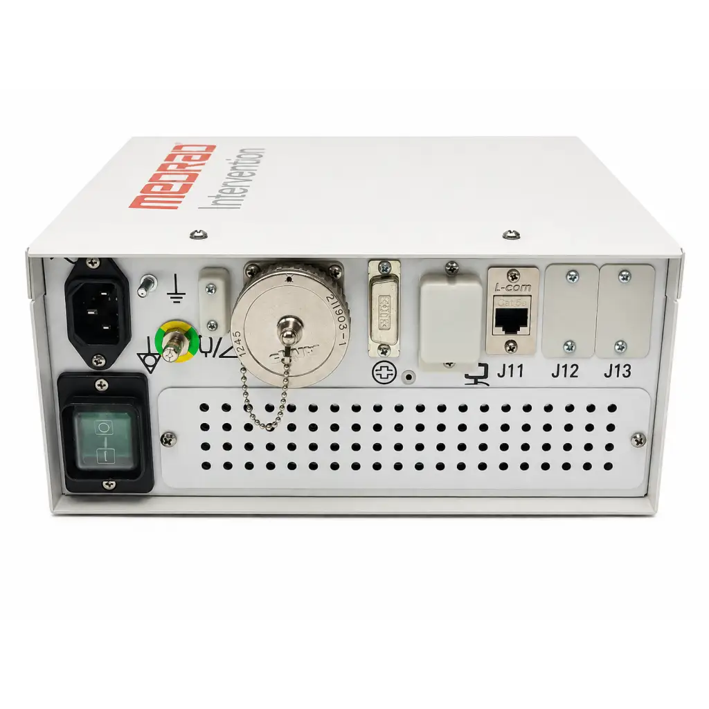 Back view of biomed certified medrad mark 7 arterion interventional injection system power supply unit with dial and ports