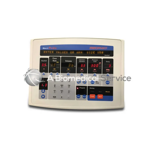 Beige medrad mark v provis medical control panel with blue and black display and red digital readouts for biomedical service