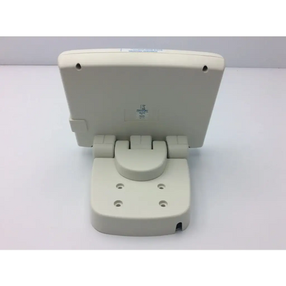Off-white plastic wall-mounted monitor stand with hinged base and four mounting holes for mark v provis injector control panel