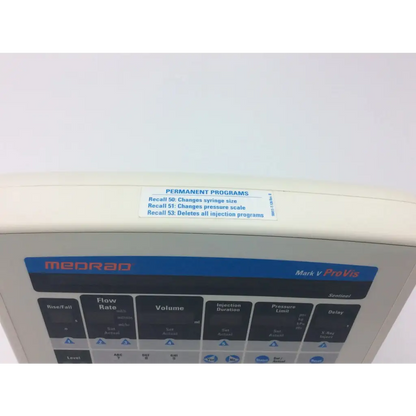 Beige medrad mark v provis medical infusion pump with blue and black labeled buttons for provis injector control panel