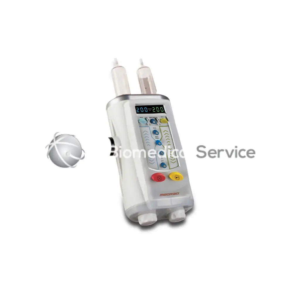 White medtronic medrad stellant d infusion pump with two clear syringe chambers and digital display for biomedical service