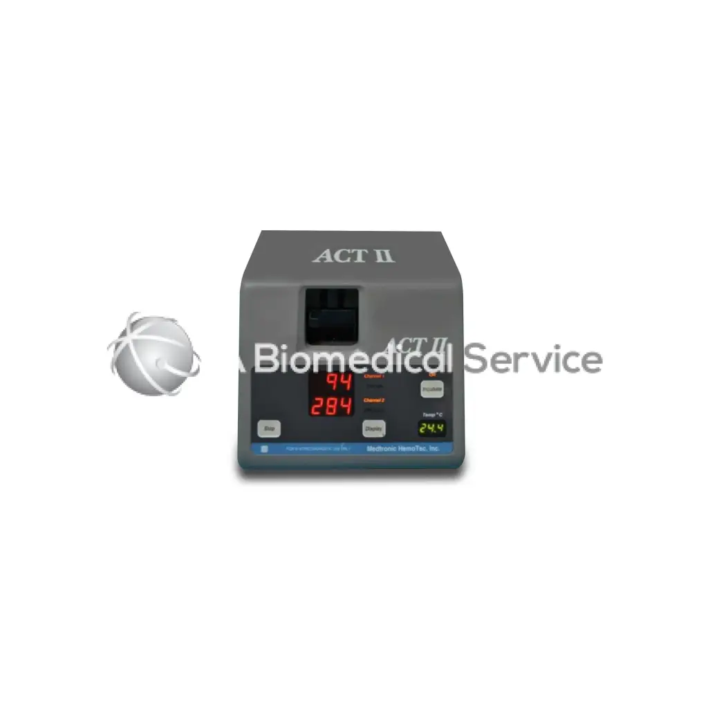 Medtronic act ii gray hematology analyzer with digital display showing red and green numerical readings