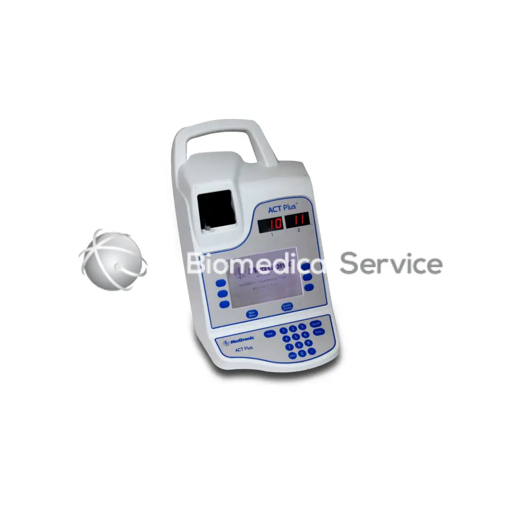 White plastic medtronic act plus medical device with blue accents and digital display for patient monitoring
