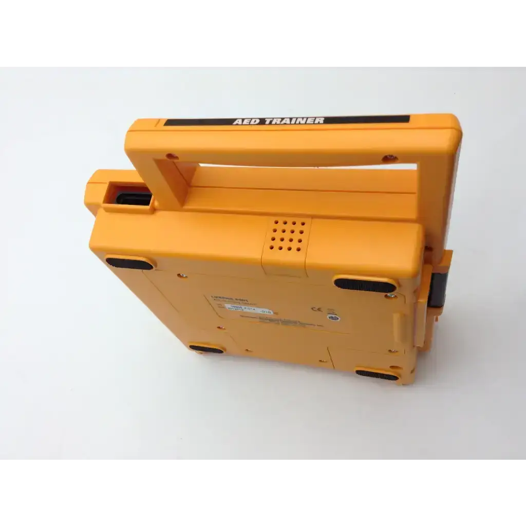 Bright orange plastic lifepak 500t aed trainer with black handle and ventilation grille for 500t aed training system