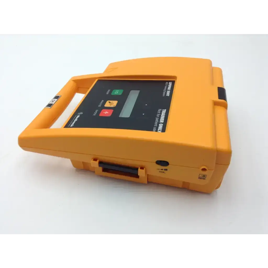 Bright orange rugged plastic lifepak 500t aed with black control panel and green red buttons for 500t aed training