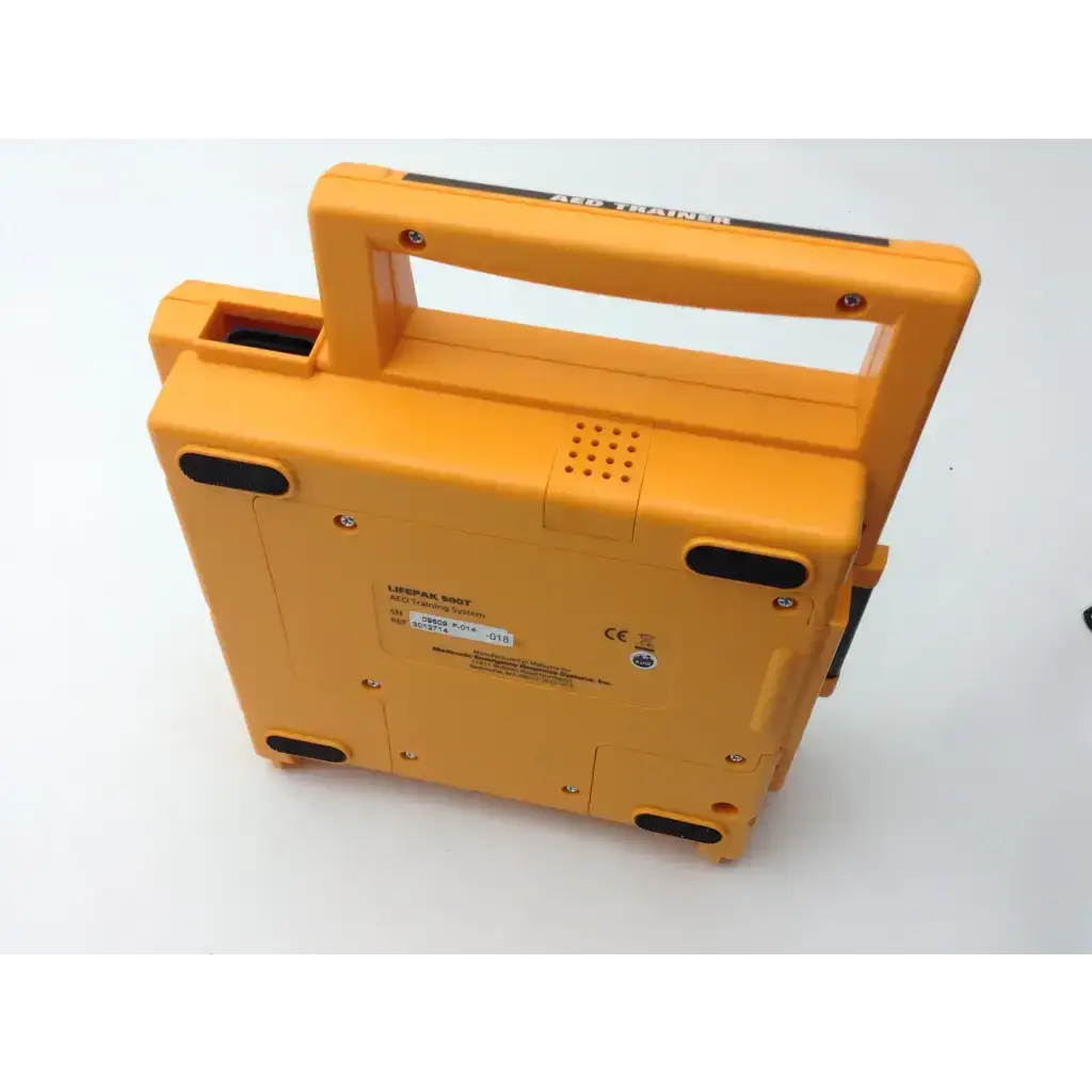 Bright yellow plastic medtronic lifepak 500t aed training system with sturdy handle and black rubber feet for 500t aed training