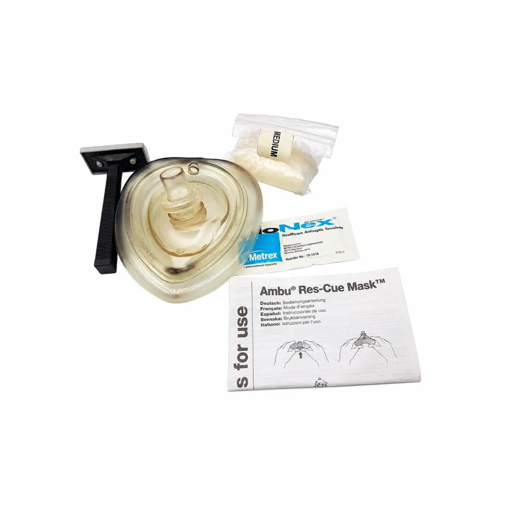 Clear translucent plastic res-cue mask with black handle and tubing in biomed certified medtronic lifepak cr plus kit