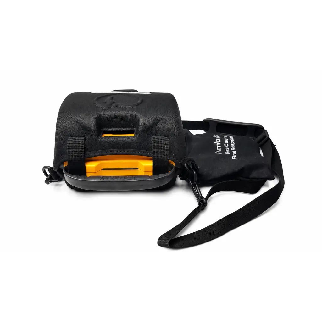 Black ambi-cue first response carrying case with bright yellow medtronic lifepak cr plus biomed certified defibrillator inside