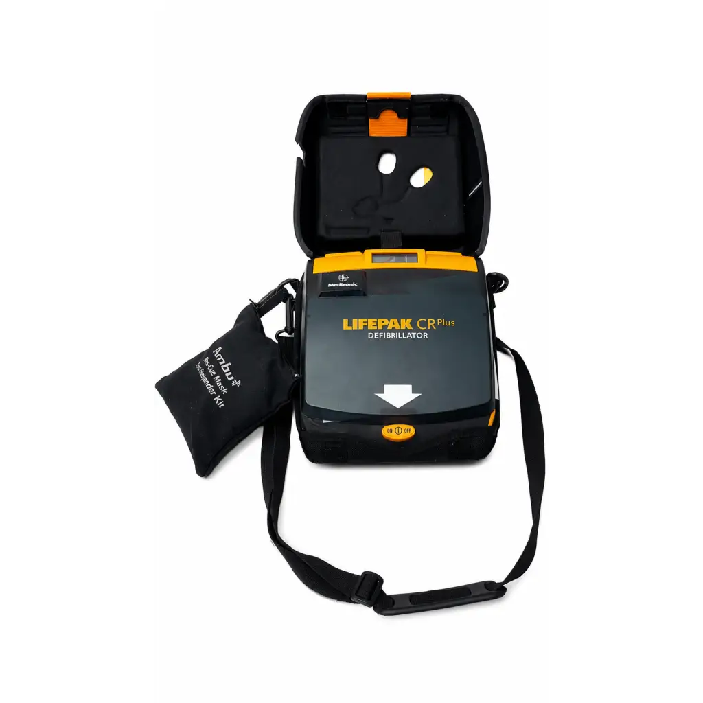 Black and orange medtronic lifepak cr plus defibrillator with carrying strap and biomed certified black pouch case