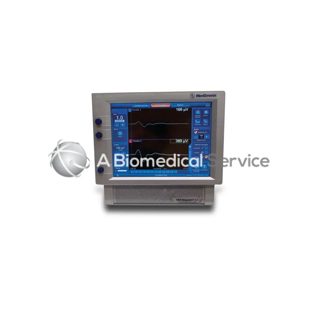 Silver-gray medtronic nim-response 3.0 biomedical service monitor with blue touchscreen showing waveform readings and controls