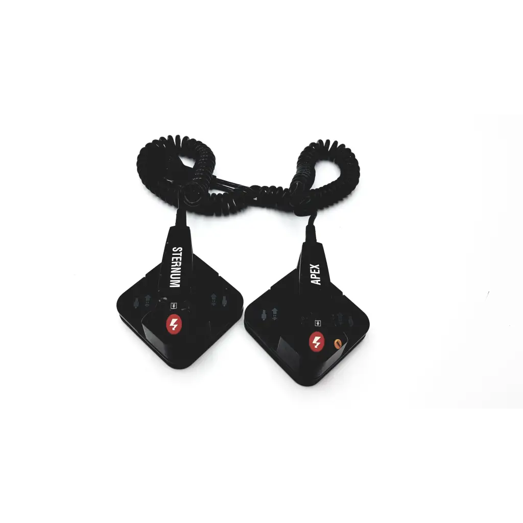Black coiled cable with black square Medtronic Physio-Control sternum apex paddles defibrillator featuring red lightning bolts