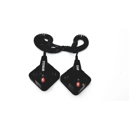 Black coiled cable with black square Medtronic Physio-Control sternum apex paddles defibrillator featuring red lightning bolts