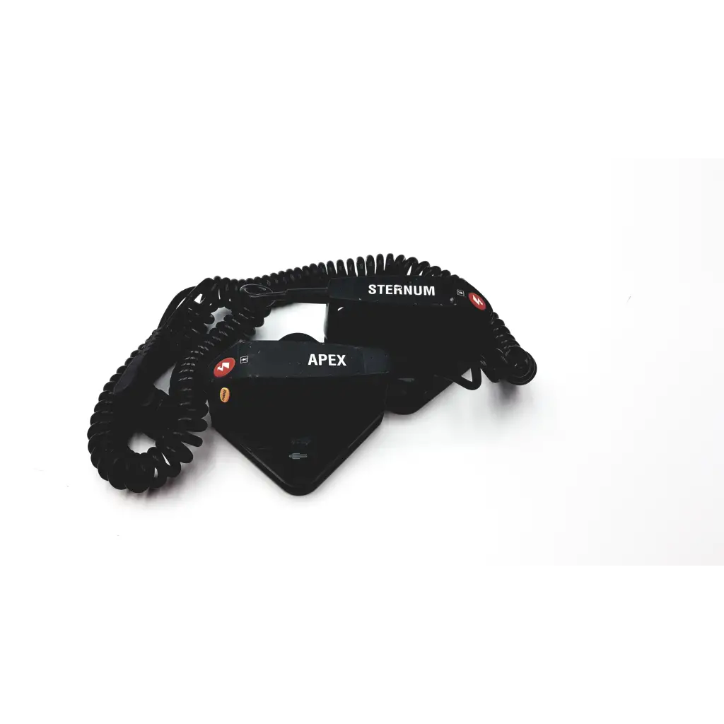 Black Medtronic Physio-Control sternum apex paddles defibrillator with coiled cord and red buttons for emergency use