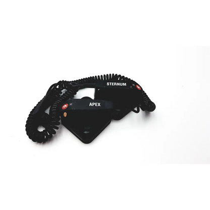 Black Medtronic Physio-Control sternum apex paddles defibrillator with coiled cord and red buttons for emergency use