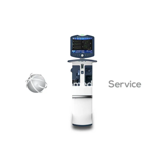 White and navy blue medtronic puritan bennett 980 ventilator with touchscreen display showing diagnostic waveforms