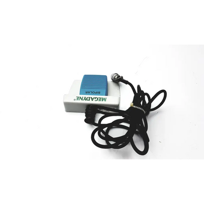 Blue and white megadyne aquiline 971-swnom bipolar footswitch with black coiled cord for surgical use