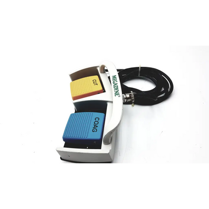 White megadyne aquiline 971-swnom bipolar footswitch with yellow cut and blue coag buttons connected by black coiled cable