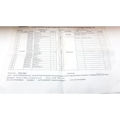 Black and white printed packing list for mercedes benz-38 diagnostic connector v2.0 showing diagnostic connector details