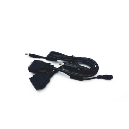 Black mercedes benz-38 diagnostic connector v2.0 with usb-a cable, two db9 serial ports, and inline power switch