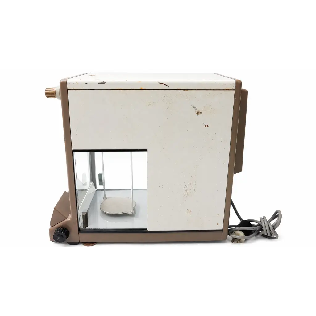 Vintage beige and white mettler h30 biomed certified analytical balance with glass enclosure and worn surface