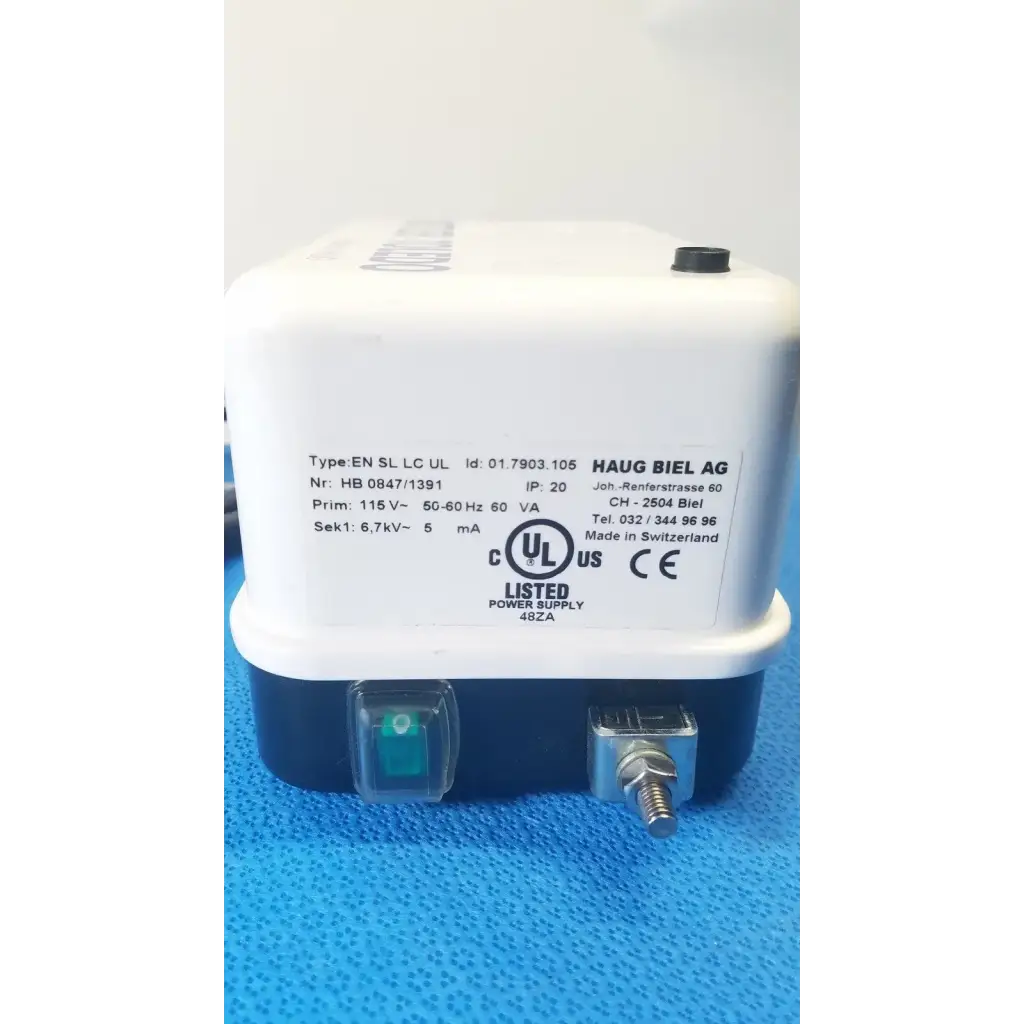 White and navy blue mettler toledo haug static eliminator power supply with green led labeled listed power supply 46za