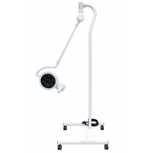 White adjustable mi550 led medical exam light with circular head and multiple led bulbs on rolling stand