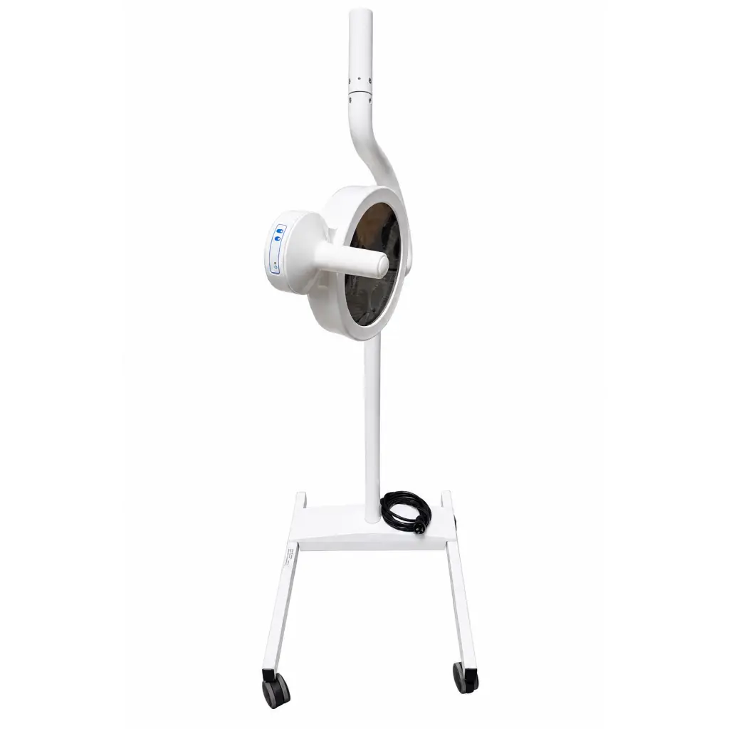 White medical-grade mi550 led exam light with adjustable head and curved arm on rolling stand