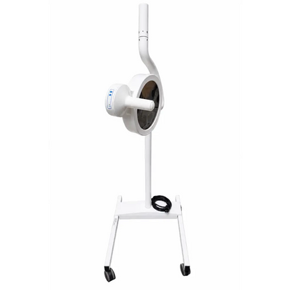 White medical-grade mi550 led exam light with adjustable head and curved arm on rolling stand