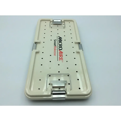 Cream plastic surgical instrument tray with silver latches and perforated surface for microaire smartrelease ectr carpal use