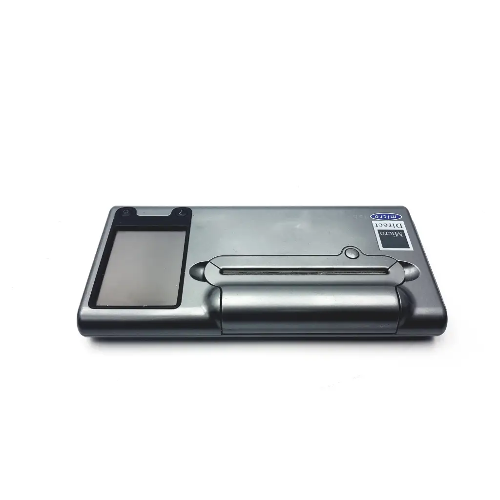 Silver electronic cigarette warmer with sleek rectangular design and small display screen on left in micro direct microlab spida case
