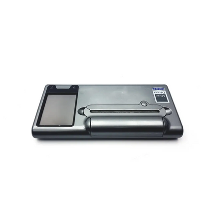 Silver electronic cigarette warmer with sleek rectangular design and small display screen on left in micro direct microlab spida case