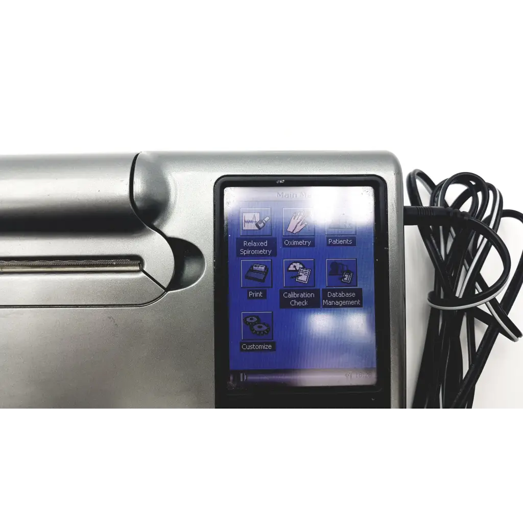 Silver metallic micro direct microlab spida 5 portable spirometer with touchscreen diagnostic menu and access case