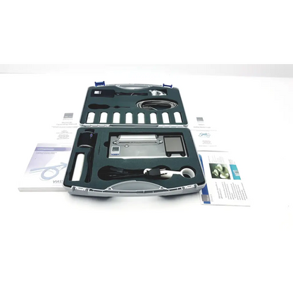 Silver and black medical-grade endoscope kit in hard-shell case for micro direct microlab spida 5 portable spirometer