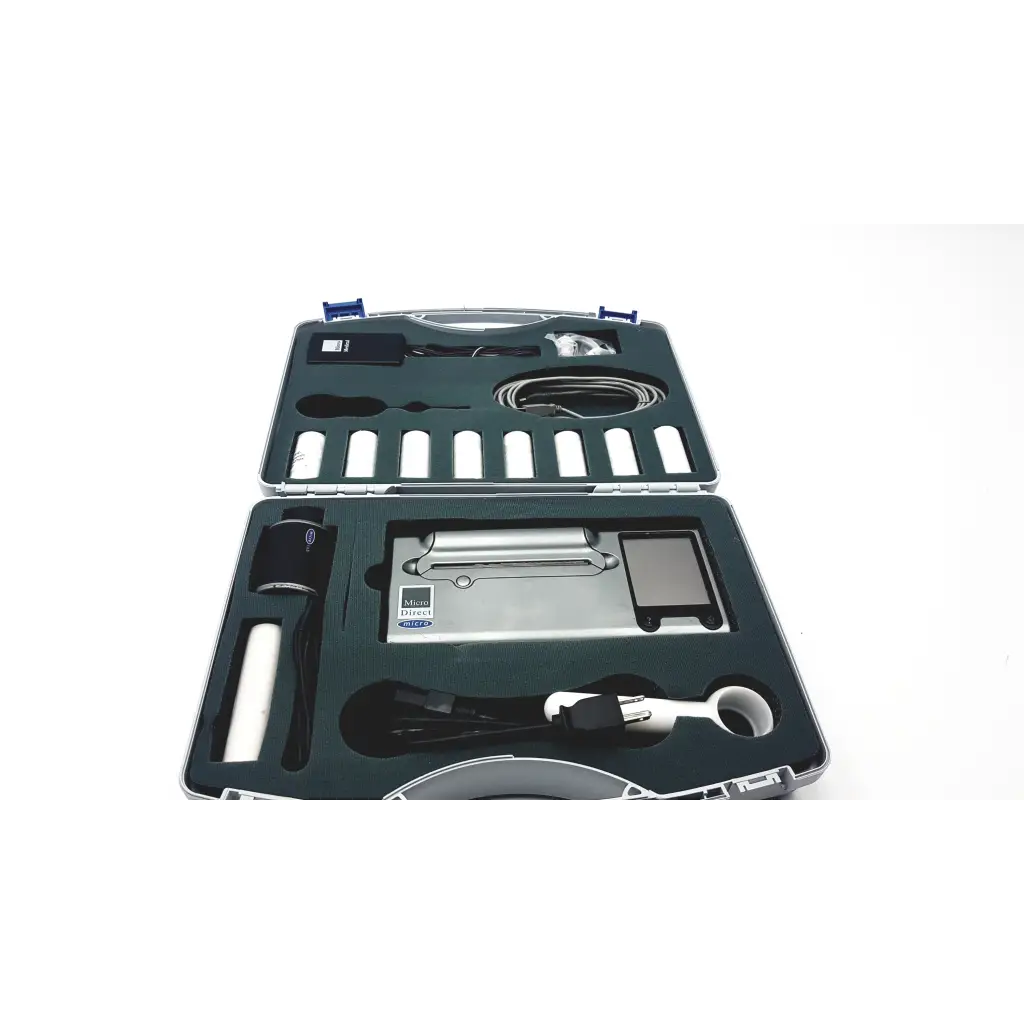Silver and black micro direct microlab spida 5 portable spirometer in a hard case with accessories for medical use