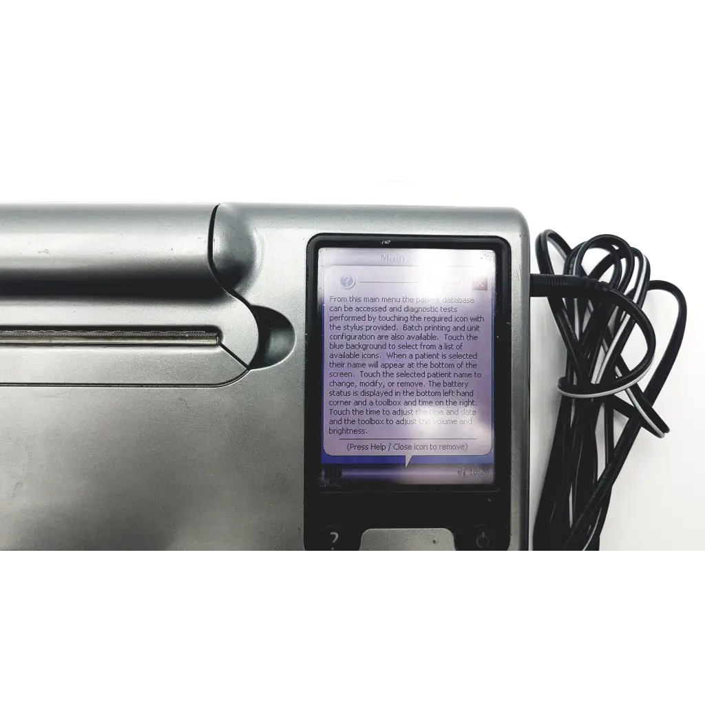 Silver metallic micro direct microlab spida 5 portable spirometer with touchscreen displaying instructional text