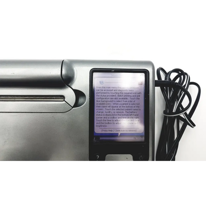 Silver metallic micro direct microlab spida 5 portable spirometer with touchscreen displaying instructional text
