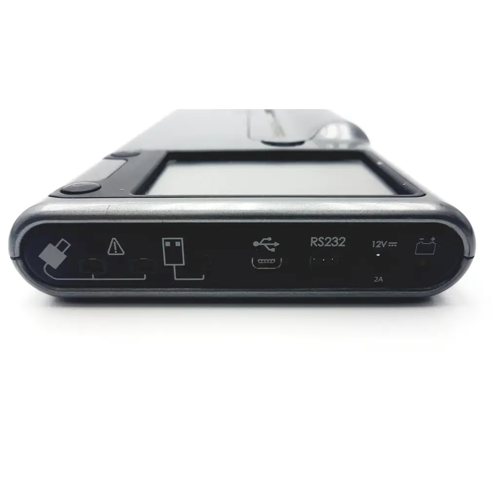 Black plastic handheld micro direct microlab spida 5 portable spirometer with screen and usb rs232 ports shown from back
