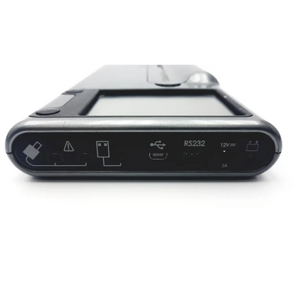 Black plastic handheld micro direct microlab spida 5 portable spirometer with screen and usb rs232 ports shown from back