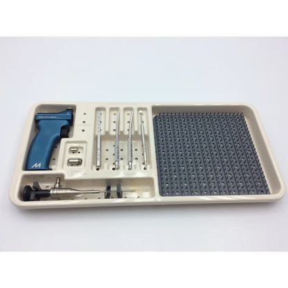 Microaire 81014 smart release carpal tunnel drill set with blue and silver surgical instruments in beige tray