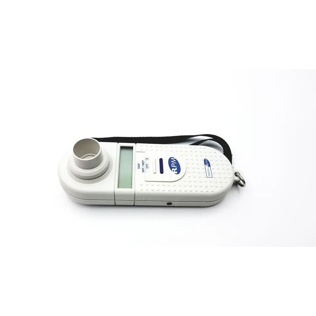 White microrpm respiratory muscle breathalyzer with textured grip digital display and black wrist strap for respiratory muscle testing