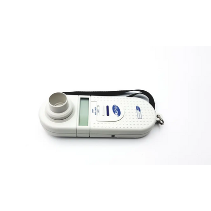 White microrpm respiratory muscle breathalyzer with textured grip digital display and black wrist strap for respiratory muscle testing