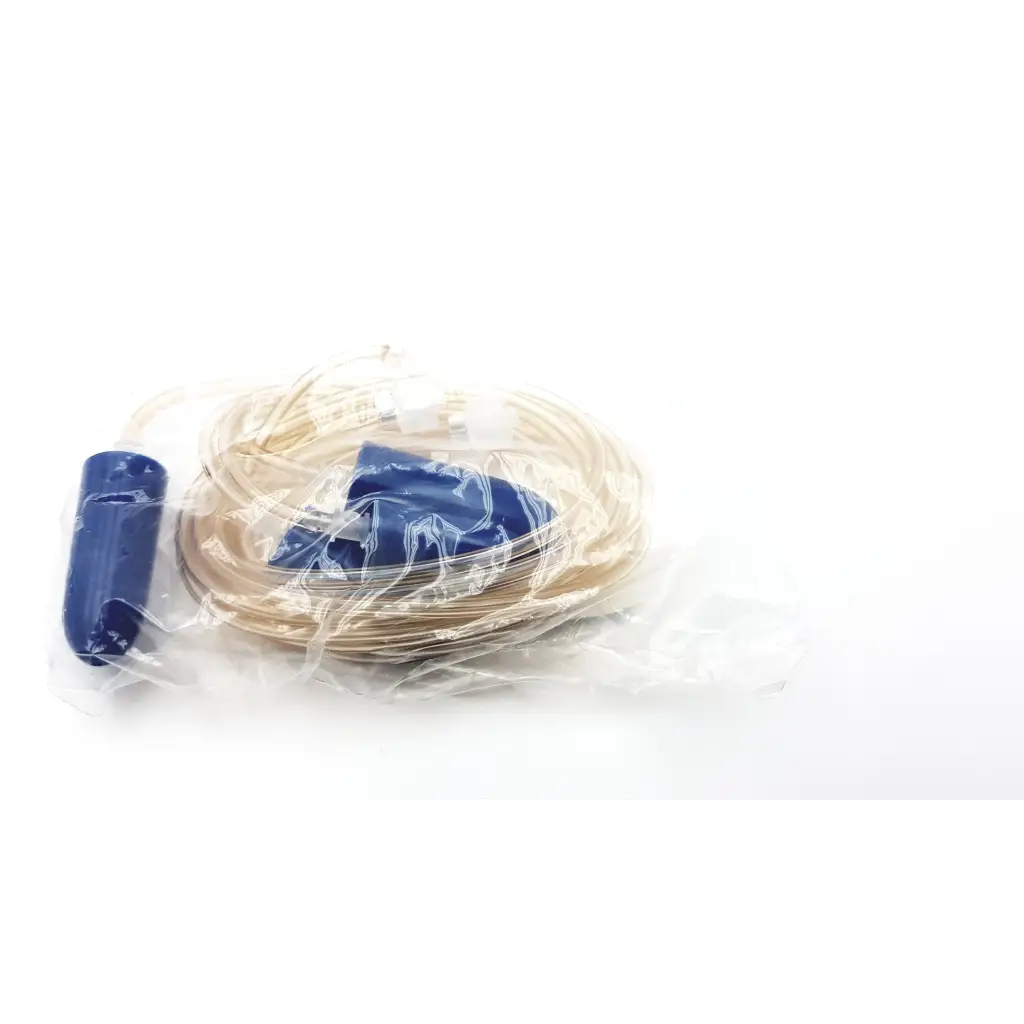 Blue plastic nasal cannula with clear tubing in transparent wrap for microrpm respiratory muscle testing device