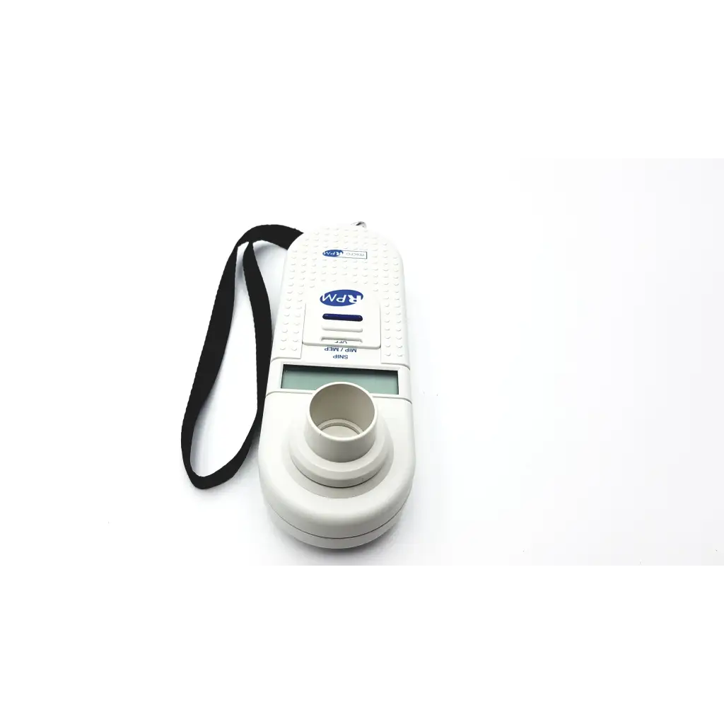 White handheld MicroRPM respiratory muscle testing breathalyzer with black wrist strap and circular mouthpiece